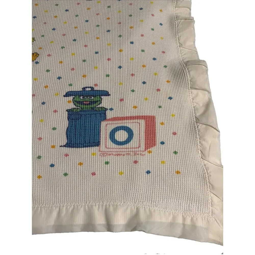 Vtg Sesame Street Character Alphabet White Waffle Knit Stain Trim Baby Blanket
